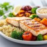 Healthy pescatarian meal with salmon, vegetables, and quinoa.