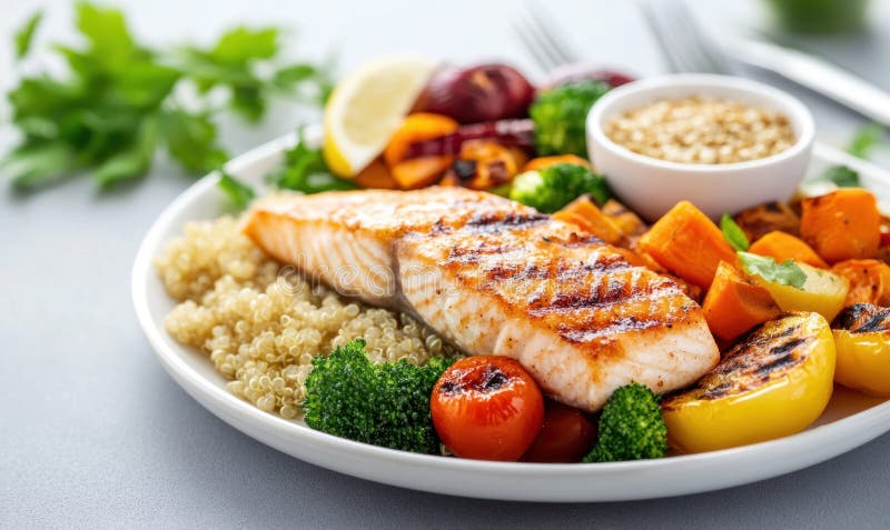 Healthy pescatarian meal with salmon, vegetables, and quinoa.