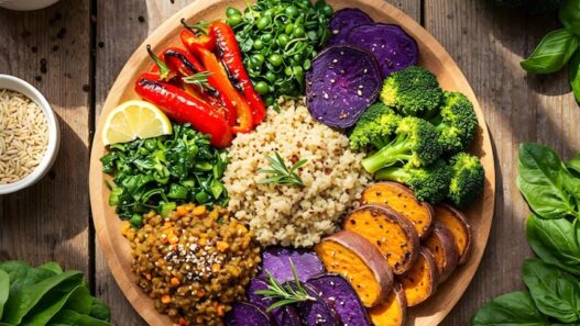 Healthy vegan diet plate with fresh fruits, vegetables, and grains.