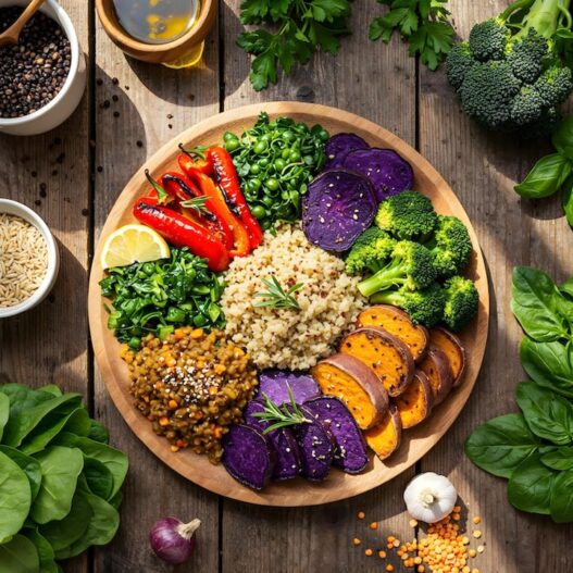 Healthy vegan diet plate with fresh fruits, vegetables, and grains.
