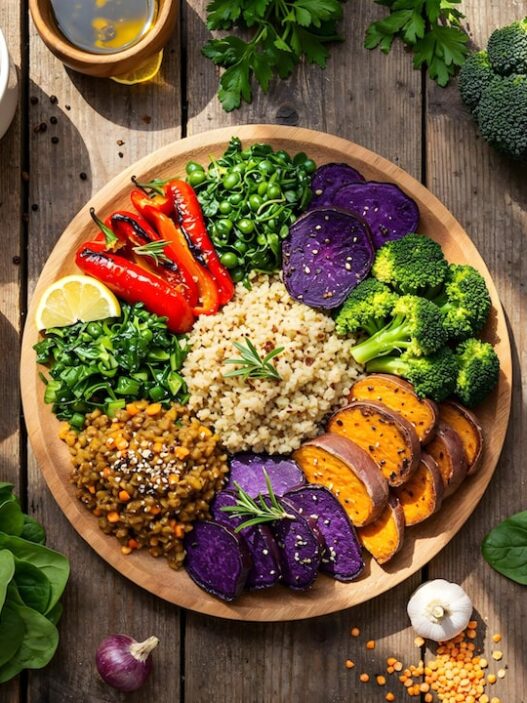Healthy vegan diet plate with fresh fruits, vegetables, and grains.