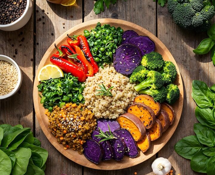 Healthy vegan diet plate with fresh fruits, vegetables, and grains.
