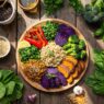 Healthy vegan diet plate with fresh fruits, vegetables, and grains.