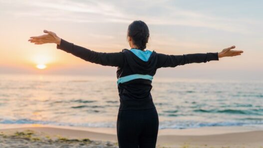 Morning stretching with natural sunlight to boost energy