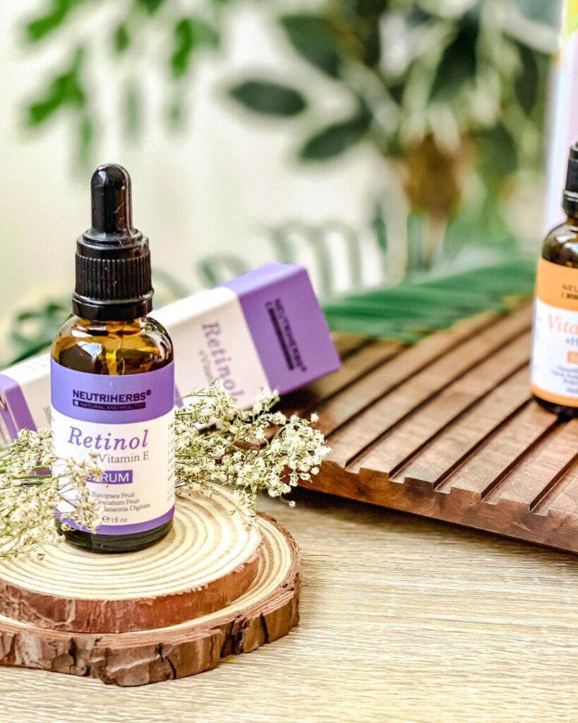 Retinol bottle showing active ingredient for pore skincare treatment